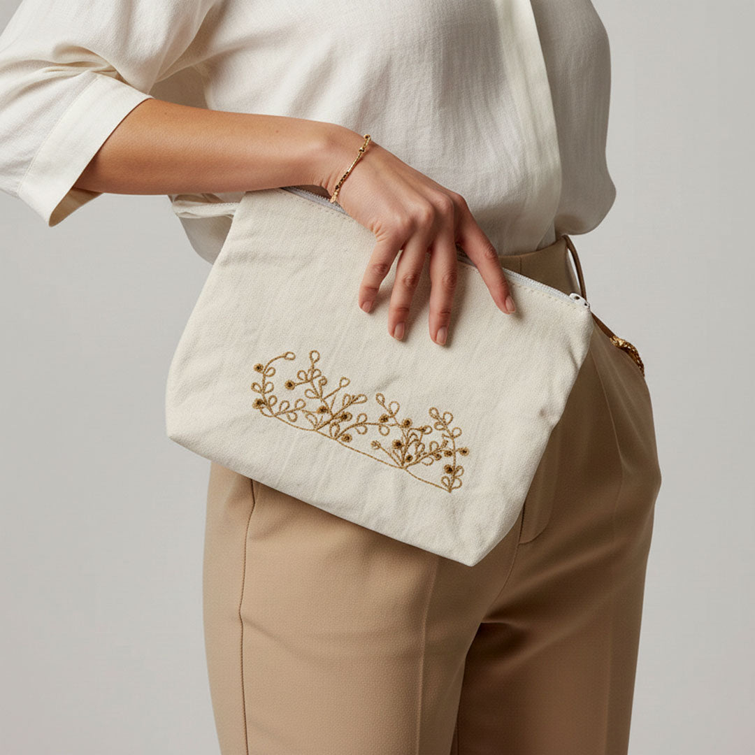 Gota Patti-Embroidered Cream Travel Pouch - Gold Vine Pattern