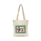 Beige tote bag with a colorful graphic design on a white background