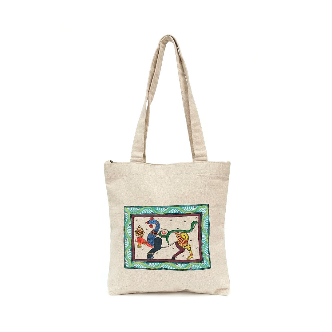 Beige tote bag with a colorful graphic design on a white background