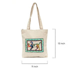 Beige tote bag with a colorful design on a white background