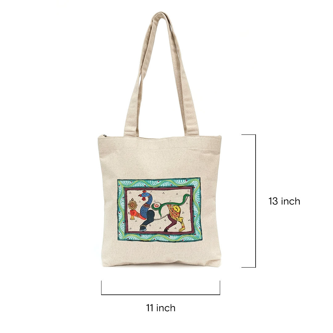 Beige tote bag with a colorful design on a white background