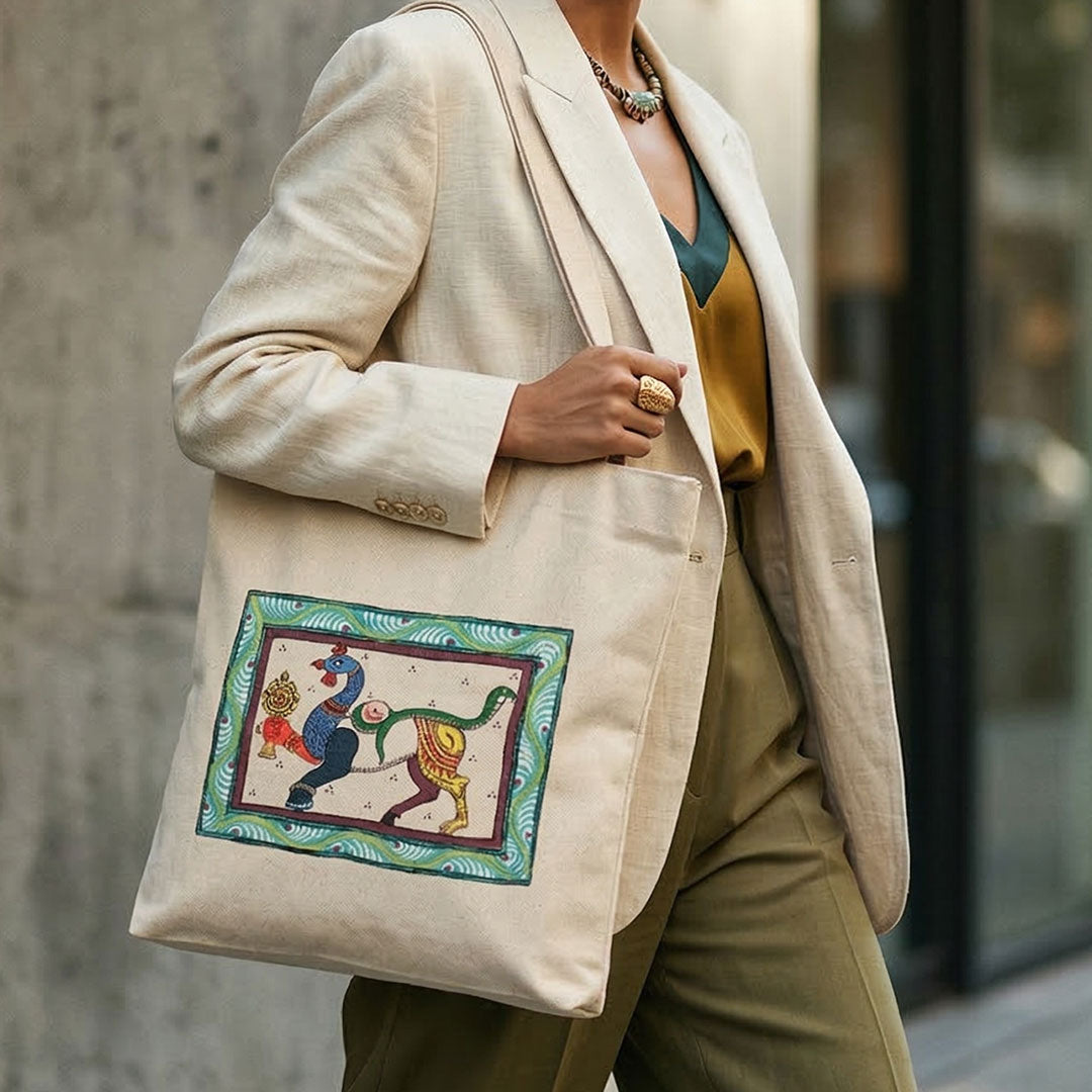 Person wearing a beige blazer with a tote bag featuring a colorful design.