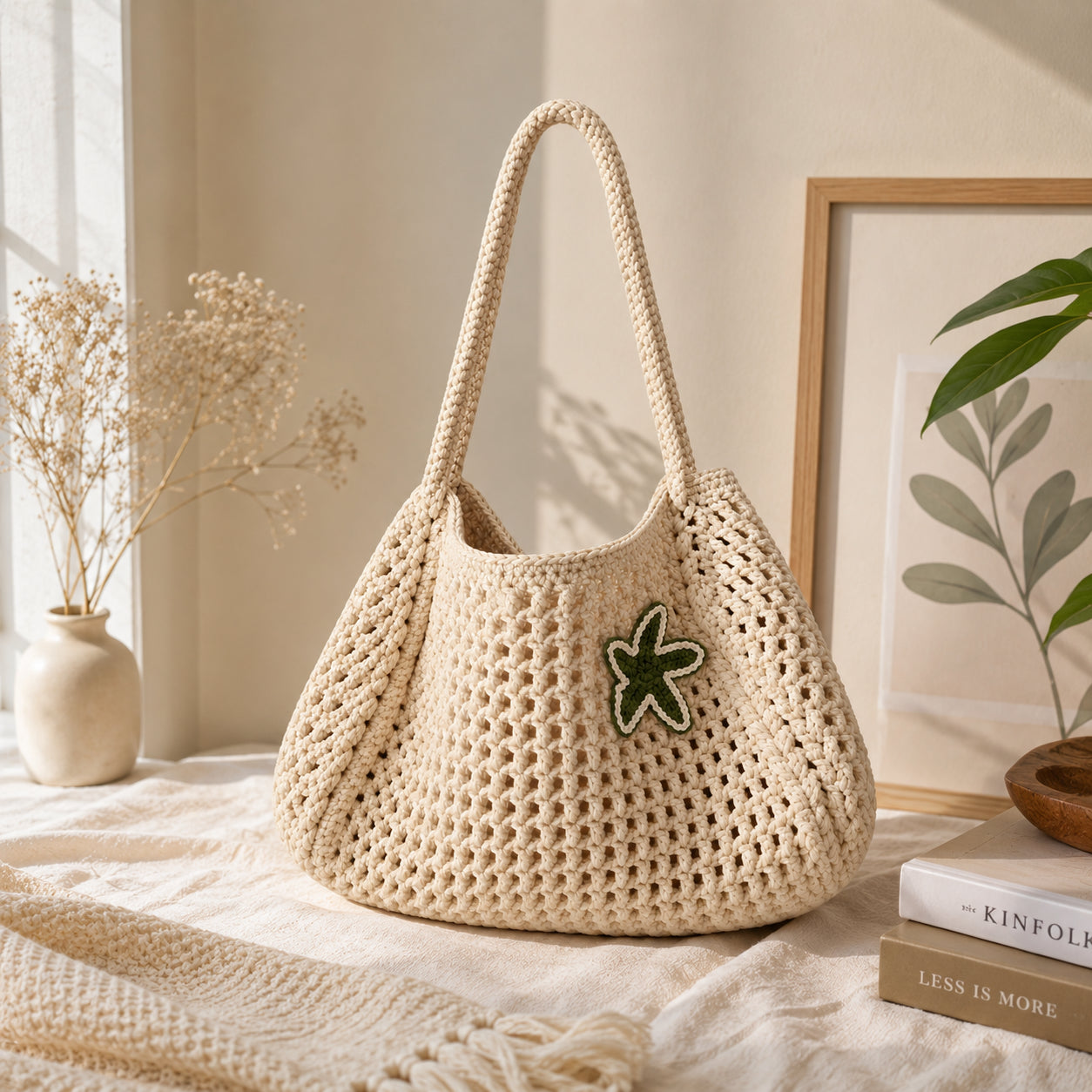 Stylized view of the cream crochet tote bag showing interior space and handle construction.