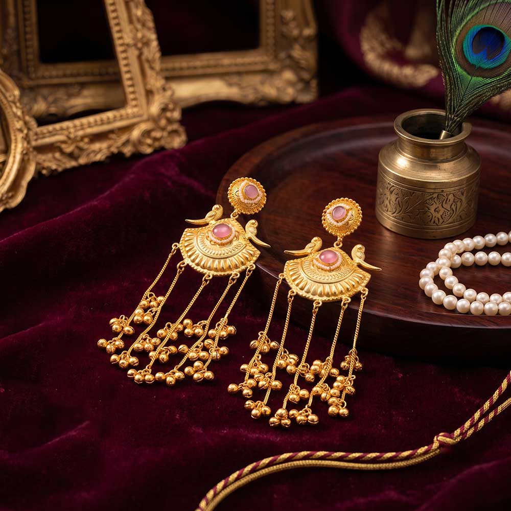DI Gold Plated Bird Motif Chandelier Dangler Earrings - Angled View Highlighting Length and Drop Chains