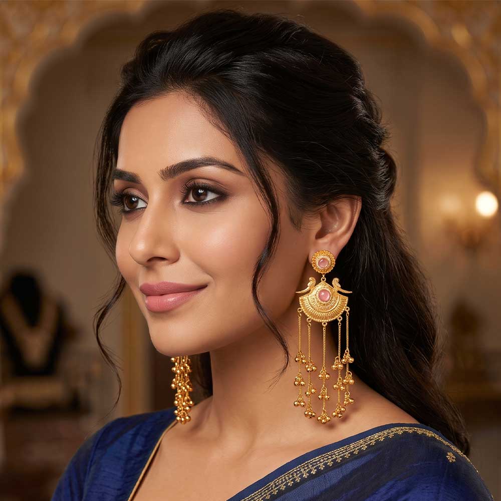 DI Gold Plated Bird Motif Chandelier Dangler Earrings - Close-Up Detail of Filigree and Ghungroo Clusters