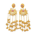 DI Gold Plated Bird Motif Chandelier Dangler Earrings with Pink Stones and Ghungroo Chains - Front Hero View