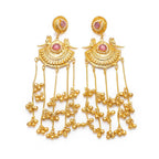 DI Gold Plated Bird Motif Chandelier Dangler Earrings with Pink Stones and Ghungroo Chains - Front Hero View