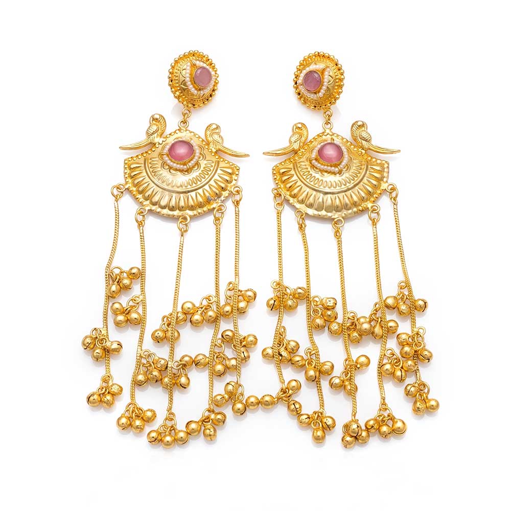 DI Gold Plated Bird Motif Chandelier Dangler Earrings with Pink Stones and Ghungroo Chains - Front Hero View