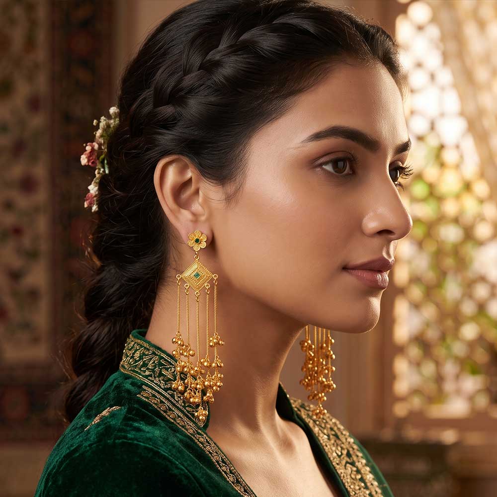 Close-up detail view of DI gold plated floral stud and filigree diamond motif with emerald green center stone