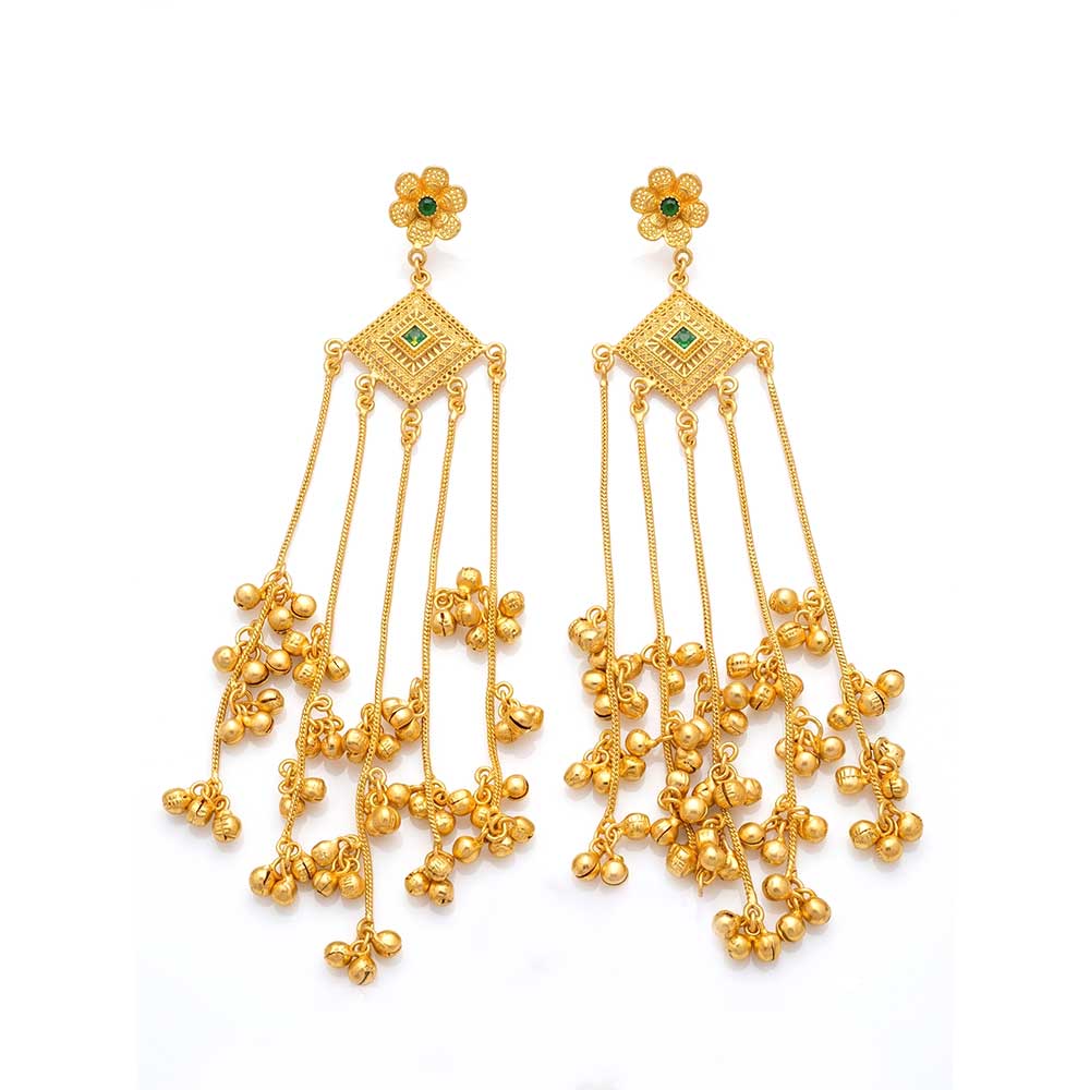 Front view of DI gold plated cascade dangle earrings featuring floral studs, green stones, and hanging ghungroo bell tassels