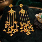 Side view displaying the multi-tiered hanging chains and clustered golden bells of the cascade drop earrings
