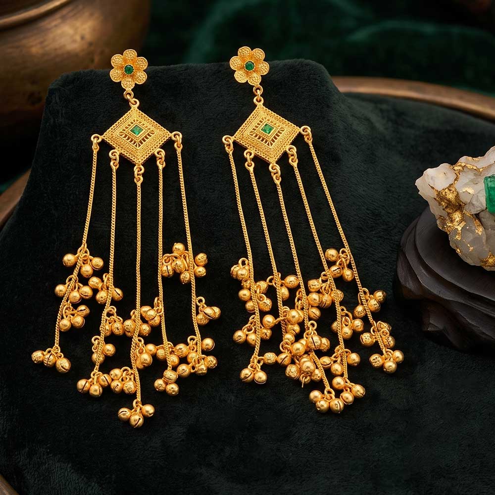 Side view displaying the multi-tiered hanging chains and clustered golden bells of the cascade drop earrings