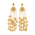 Pair of traditional DI gold plated chandelier dangler earrings with filigree medallion and cascading ghungroo bells against white background
