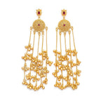 Pair of traditional DI gold plated chandelier dangler earrings with filigree medallion and cascading ghungroo bells against white background