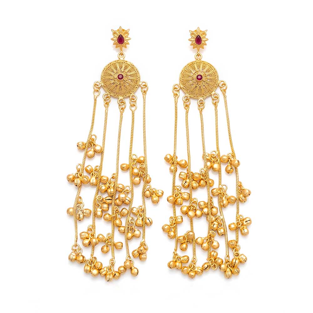 Pair of traditional DI gold plated chandelier dangler earrings with filigree medallion and cascading ghungroo bells against white background