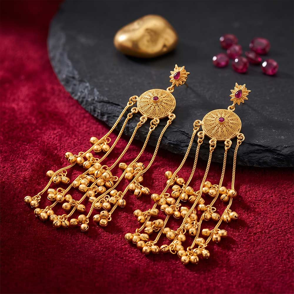Side angled view of traditional DI gold plated long tassel chandelier earrings