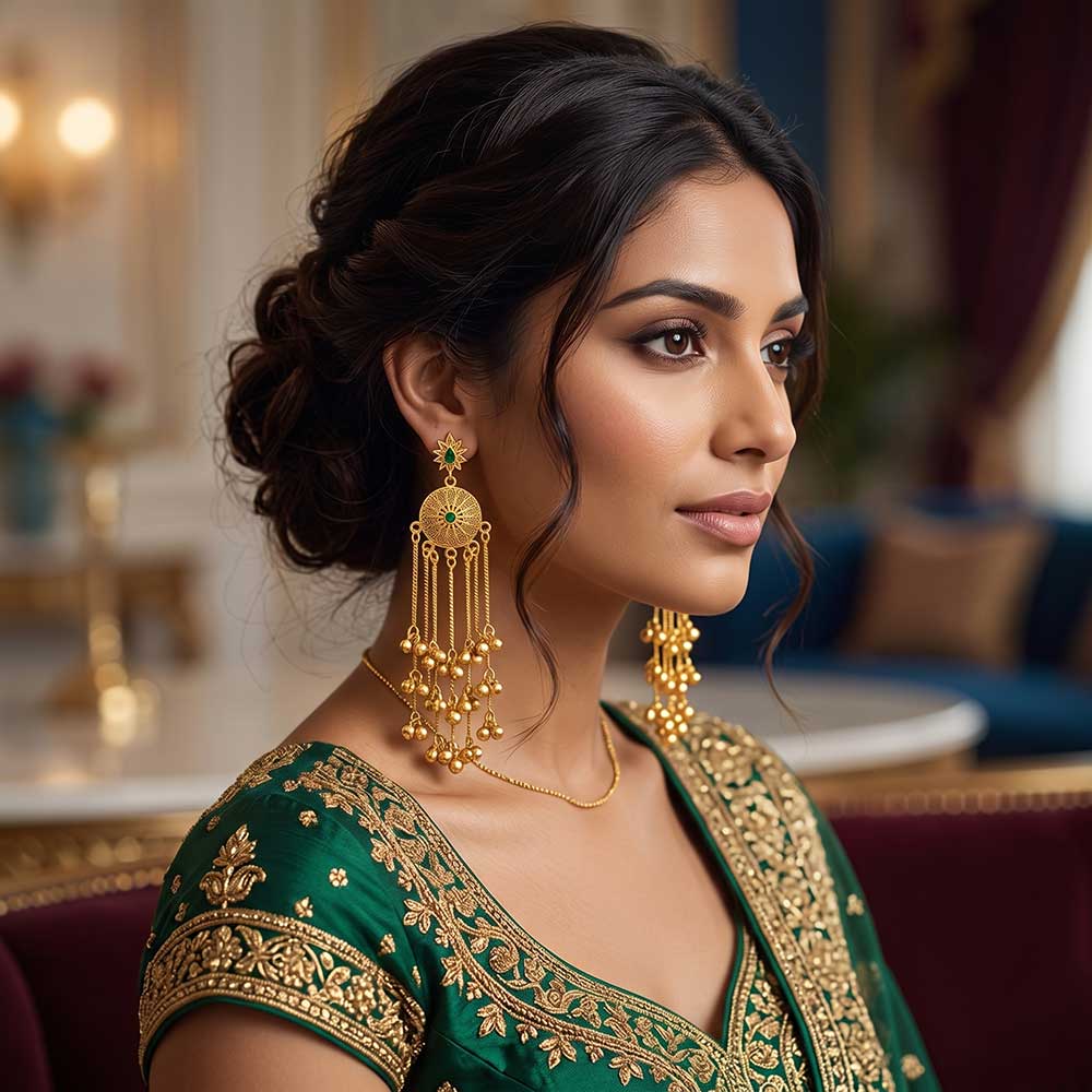 Detailed close-up of the filigree work and green stone inlay on the gold plated jhumka earrings