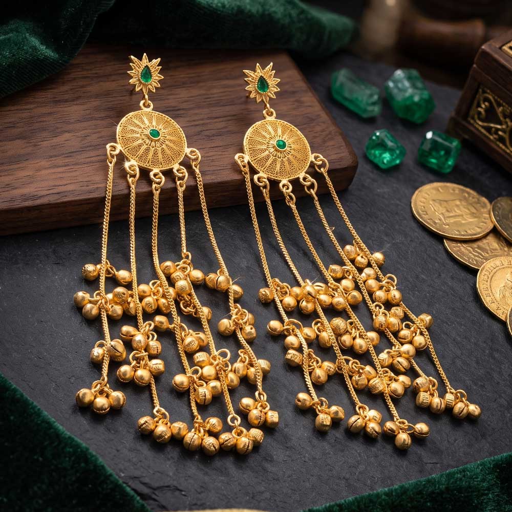 Side profile of the long cascading chain and bell charm design on the jhumka earrings