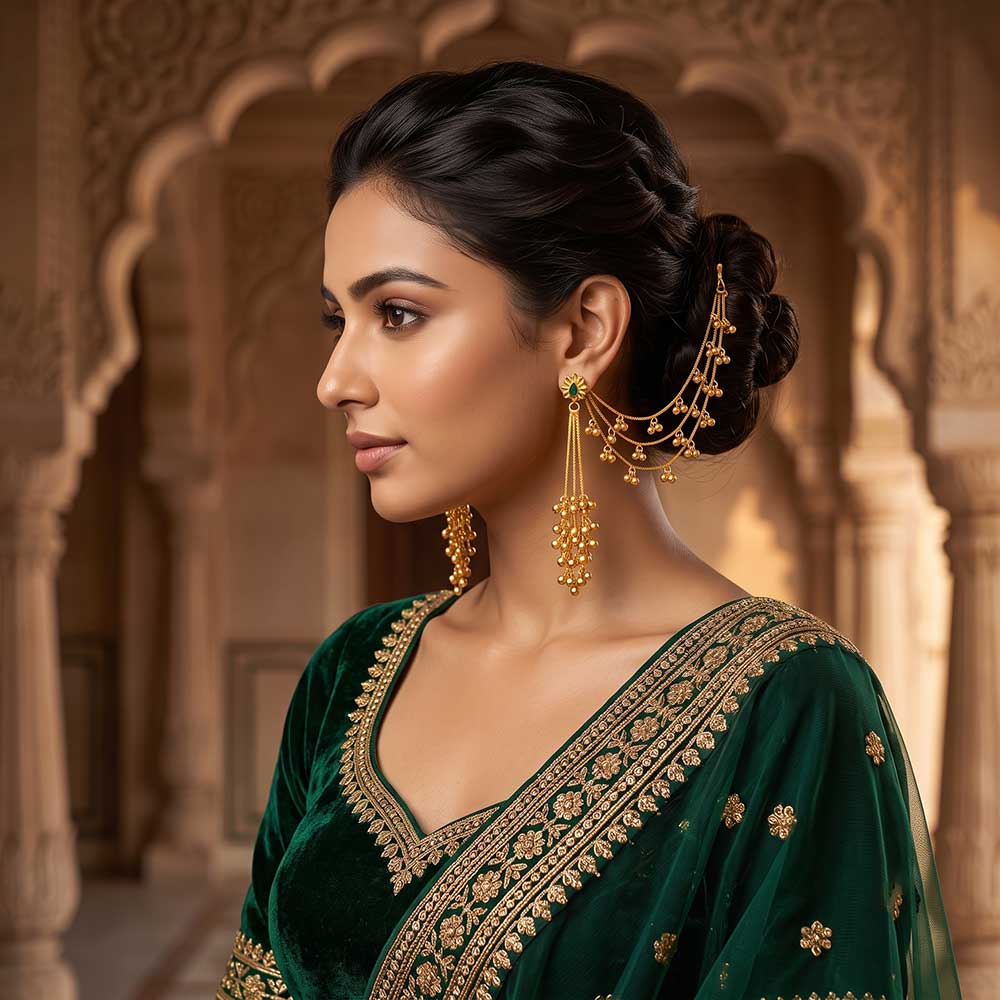 Close up view of the intricate gold chain and bell detail of the Jhumka earrings
