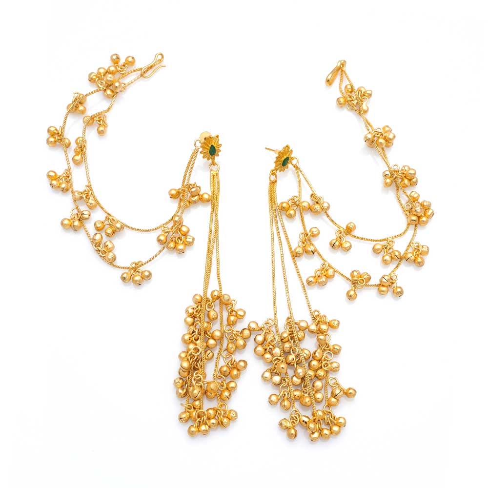 Pair of elegant DI gold plated traditional Jhumka Sahara earrings on white background