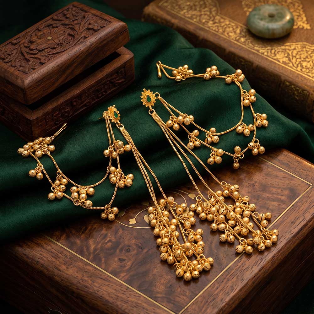 Side angle of the DI gold plated traditional Jhumka Sahara earrings