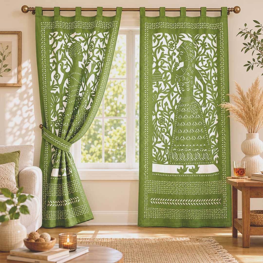 Olive Green Raja Applique Cotton Tab Top Curtain