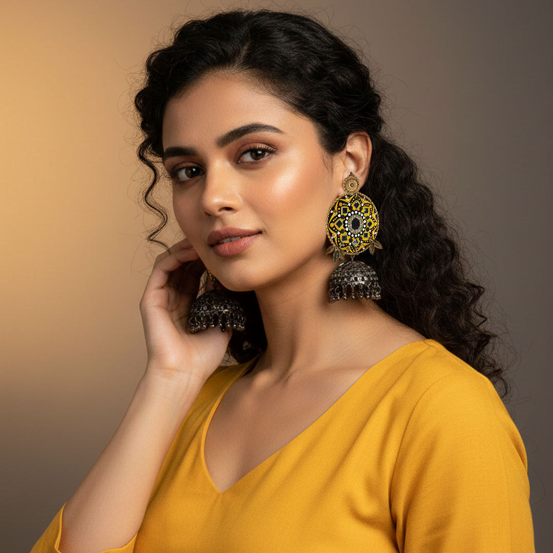 Handmade Yellow Mandala Jhumka Earrings with Mirror Work