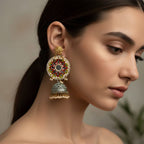 Hand-Painted Maroon Olive Mirror Work Jhumka Earrings