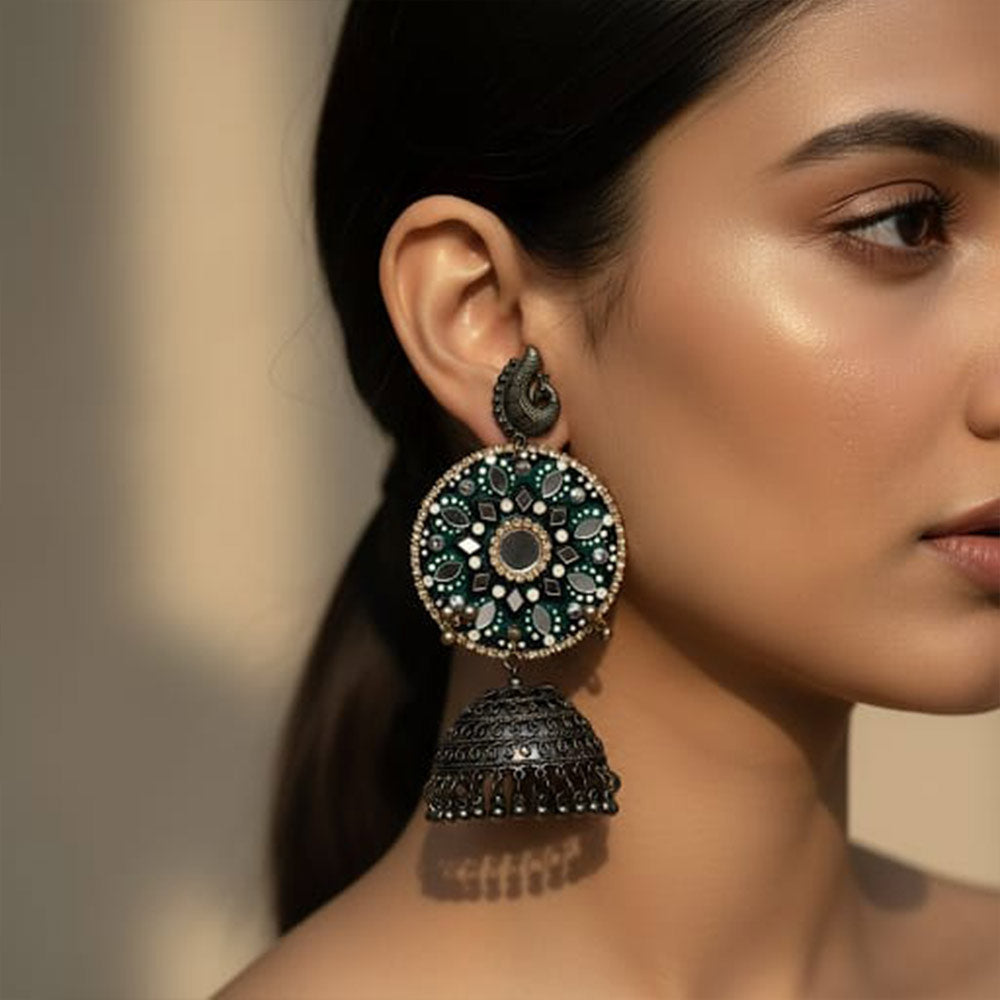 Handcrafted Emerald Peacock Jhumka Earrings