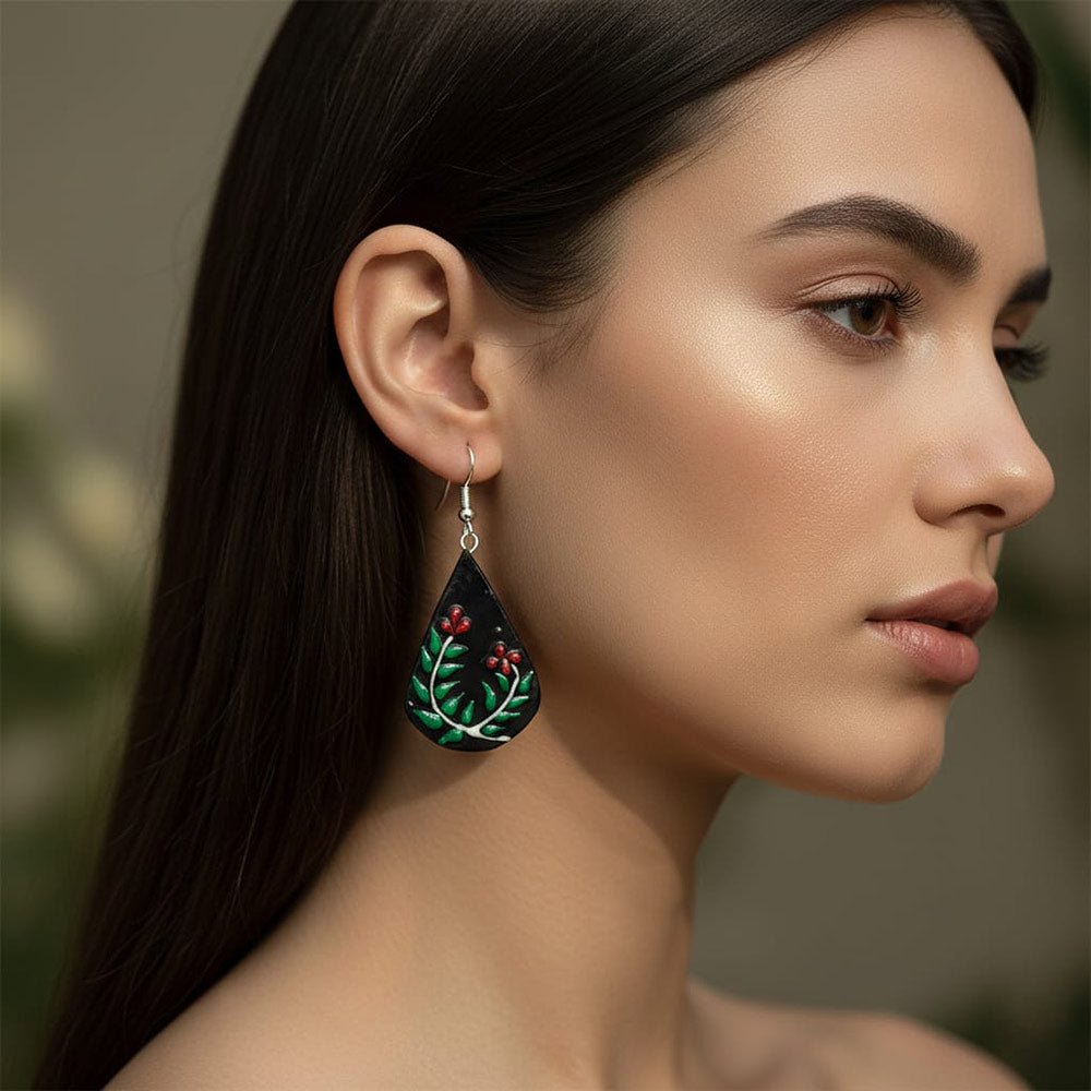 Black Teardrop Floral Earrings