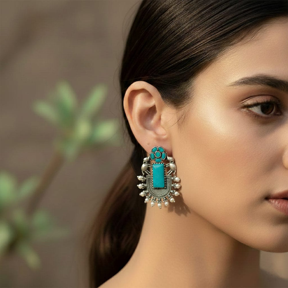 Silver Oxidized Elephant & Turquoise Earrings