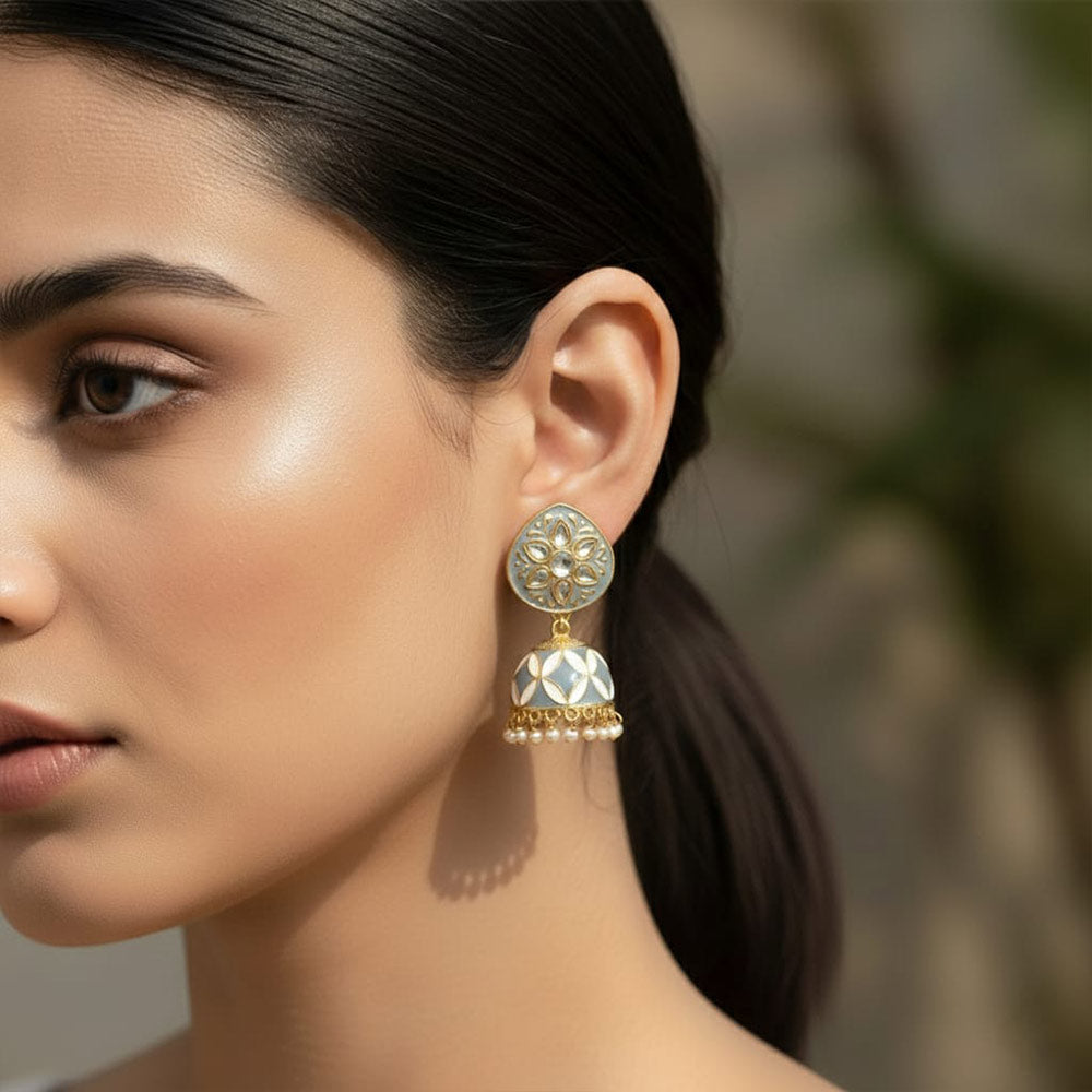 Ethnic Elegance Grey Floral Jhumka Earrings