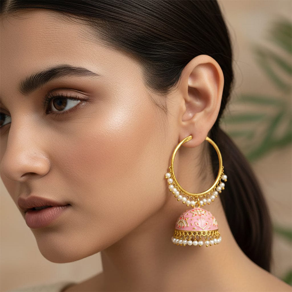 Pink Meenakari Jhumka Hoop Earrings