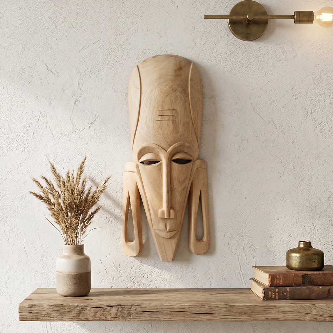 Hand-Carved Gamari Wood Elongated Mask with Large Earlobes