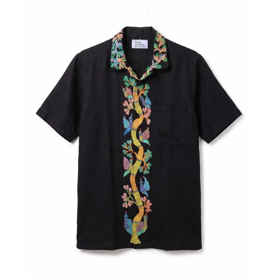 Hand Painted Gond Art Tree & Birds Black Shirt