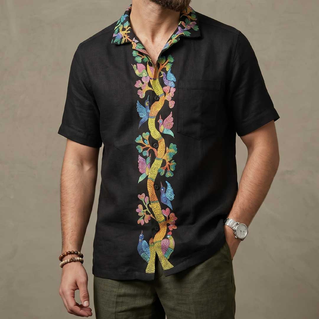 Hand Painted Gond Art Tree & Birds Black Shirt