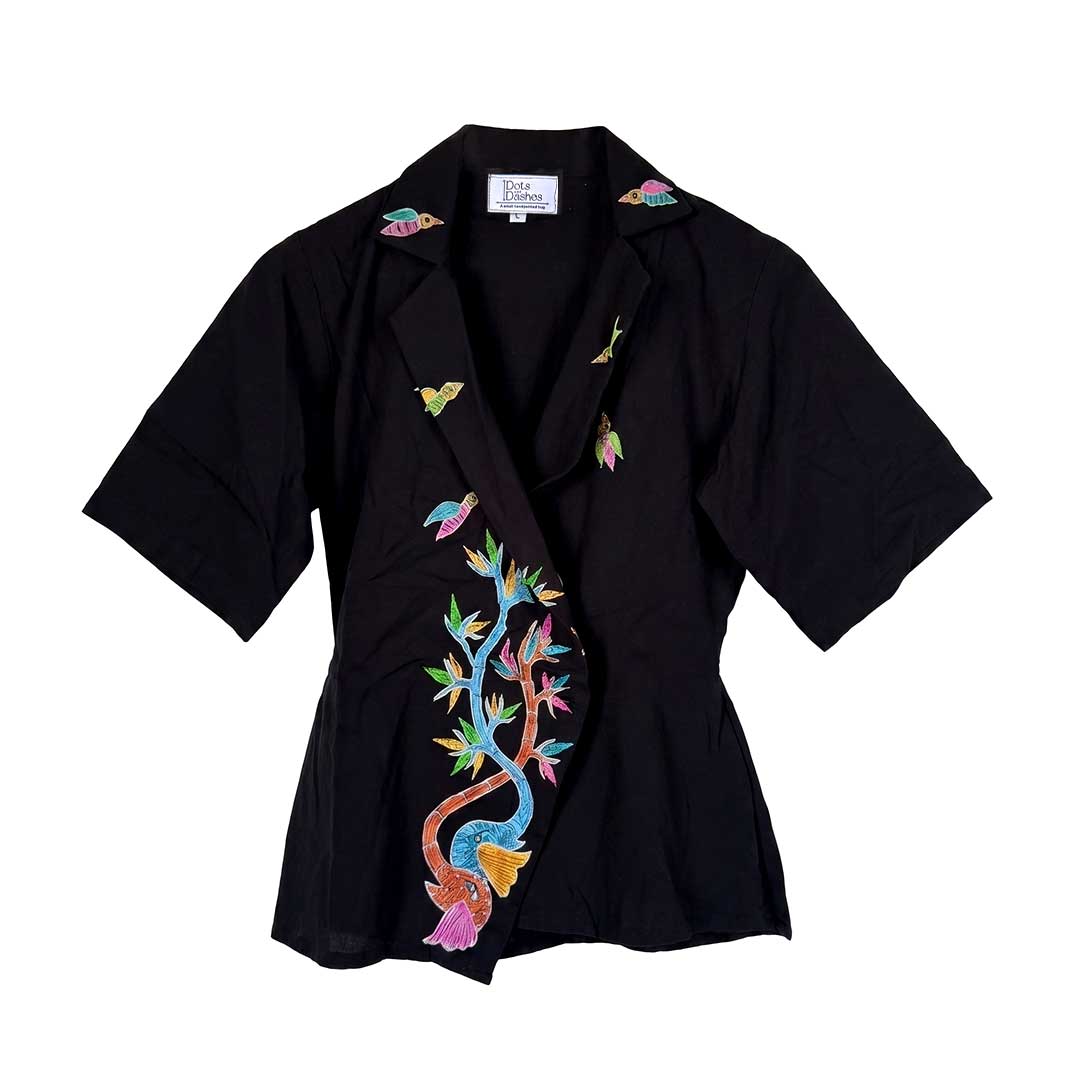 Gond Art Black Hand-Painted Cotton Wrap Jacket