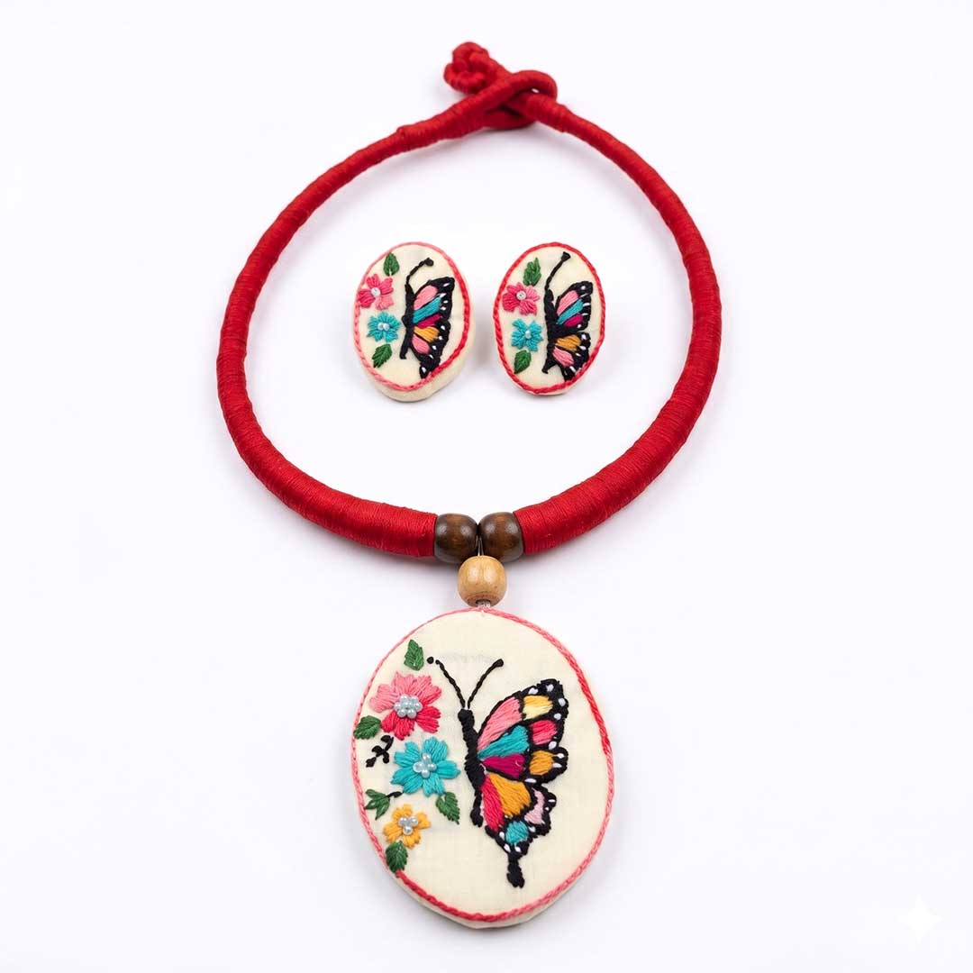 Vibrant Butterfly Hand-Embroidered Necklace and Earring Set