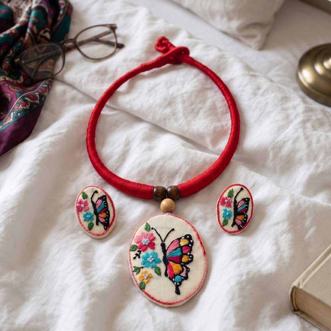 Vibrant Butterfly Hand-Embroidered Necklace and Earring Set