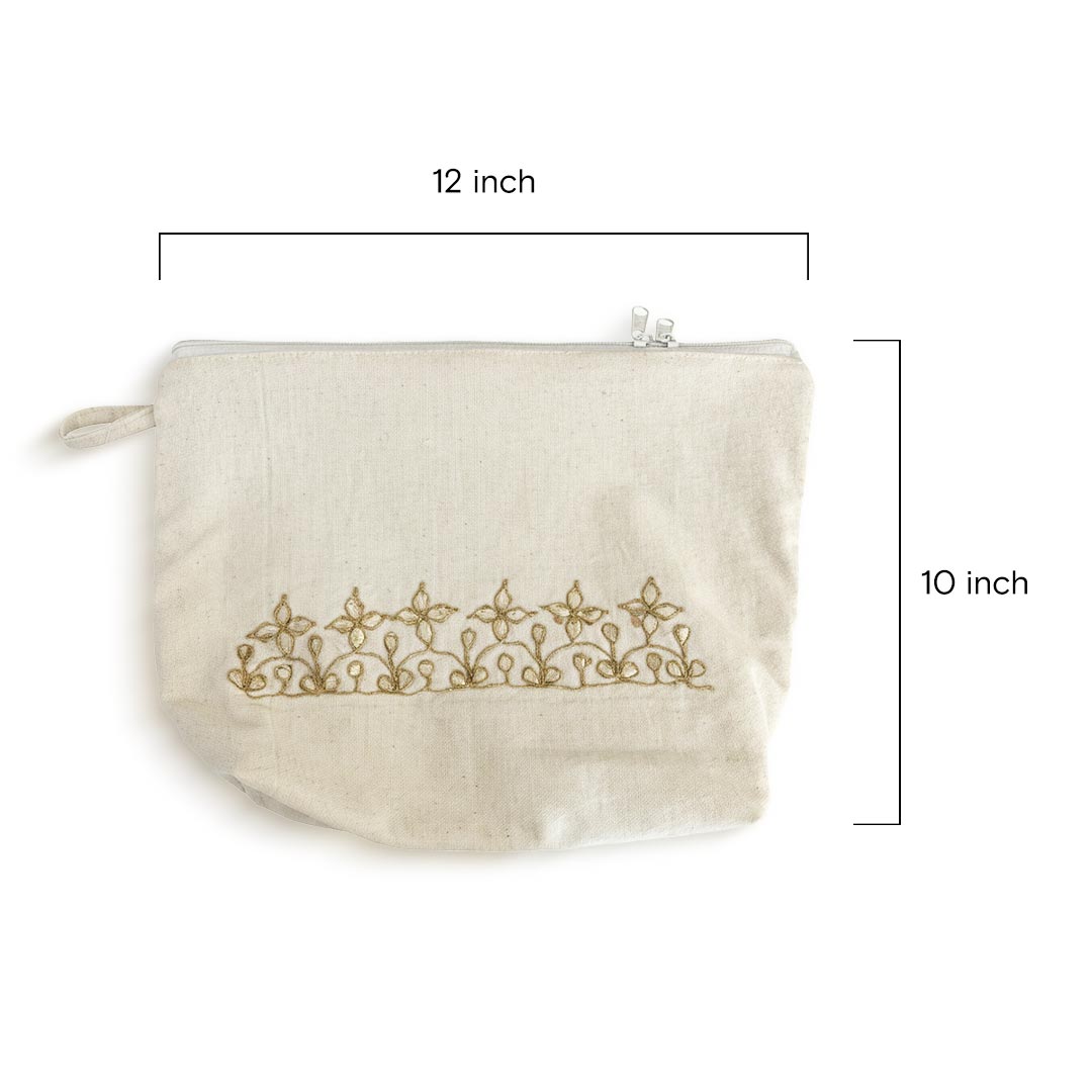 Gota Patti-Embroidered Canvas Travel Pouch with Floral Vine