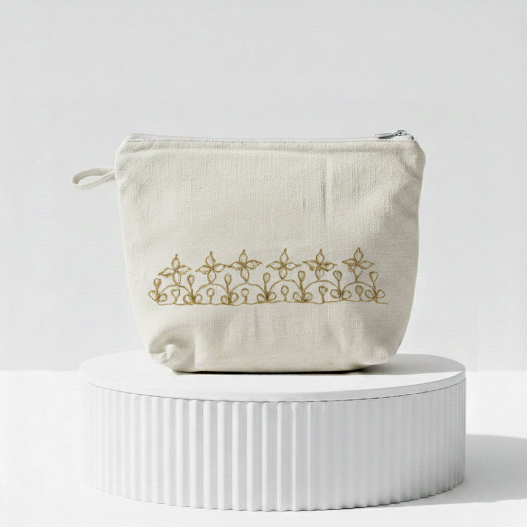 Gota Patti-Embroidered Canvas Travel Pouch with Floral Vine