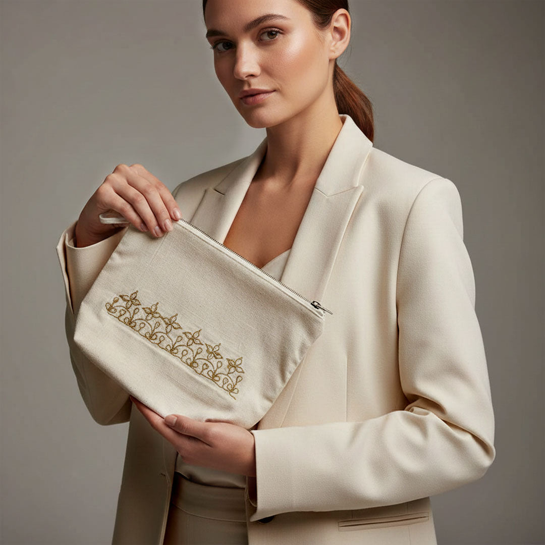 Gota Patti-Embroidered Canvas Travel Pouch with Floral Vine