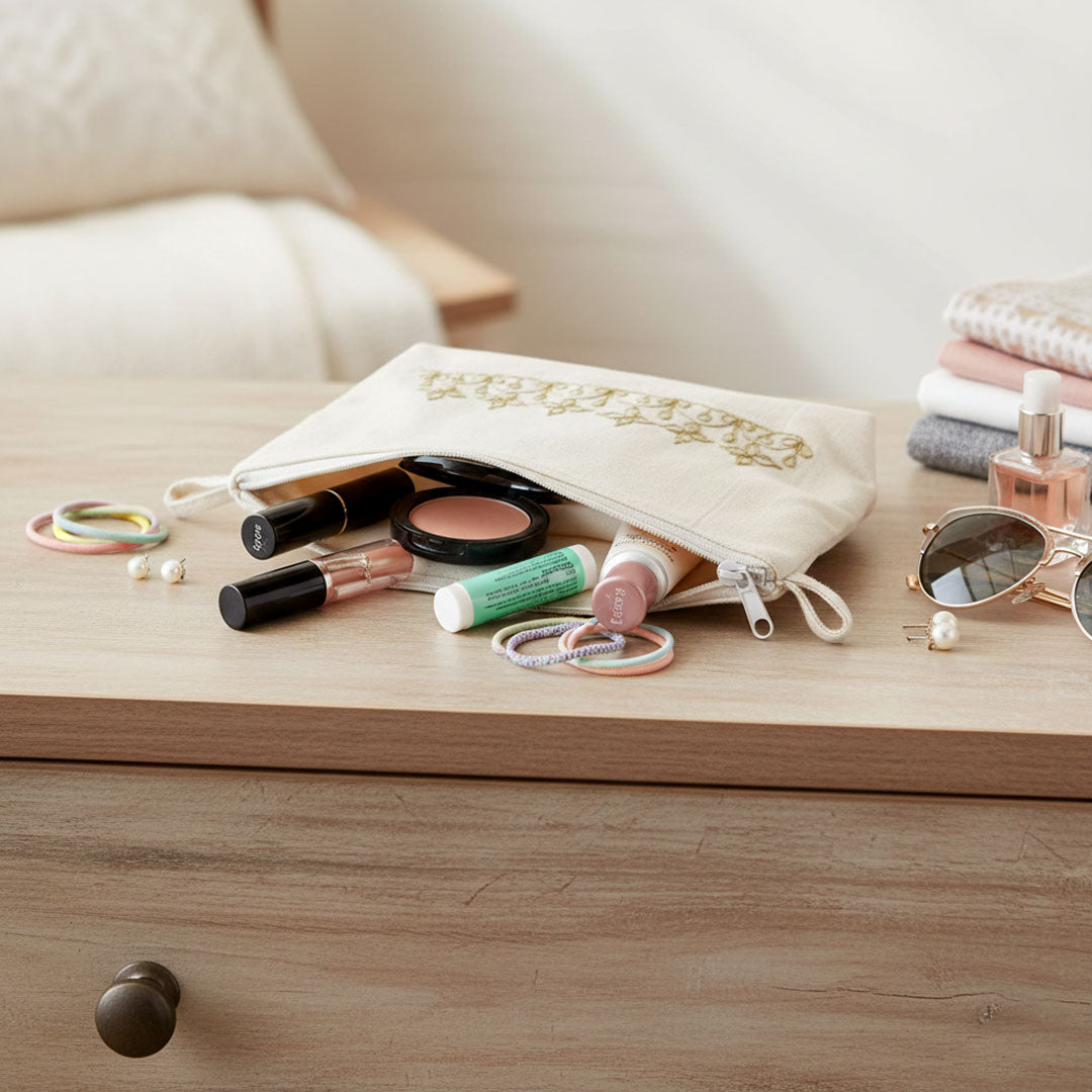 Gota Patti-Embroidered Canvas Travel Pouch with Floral Vine