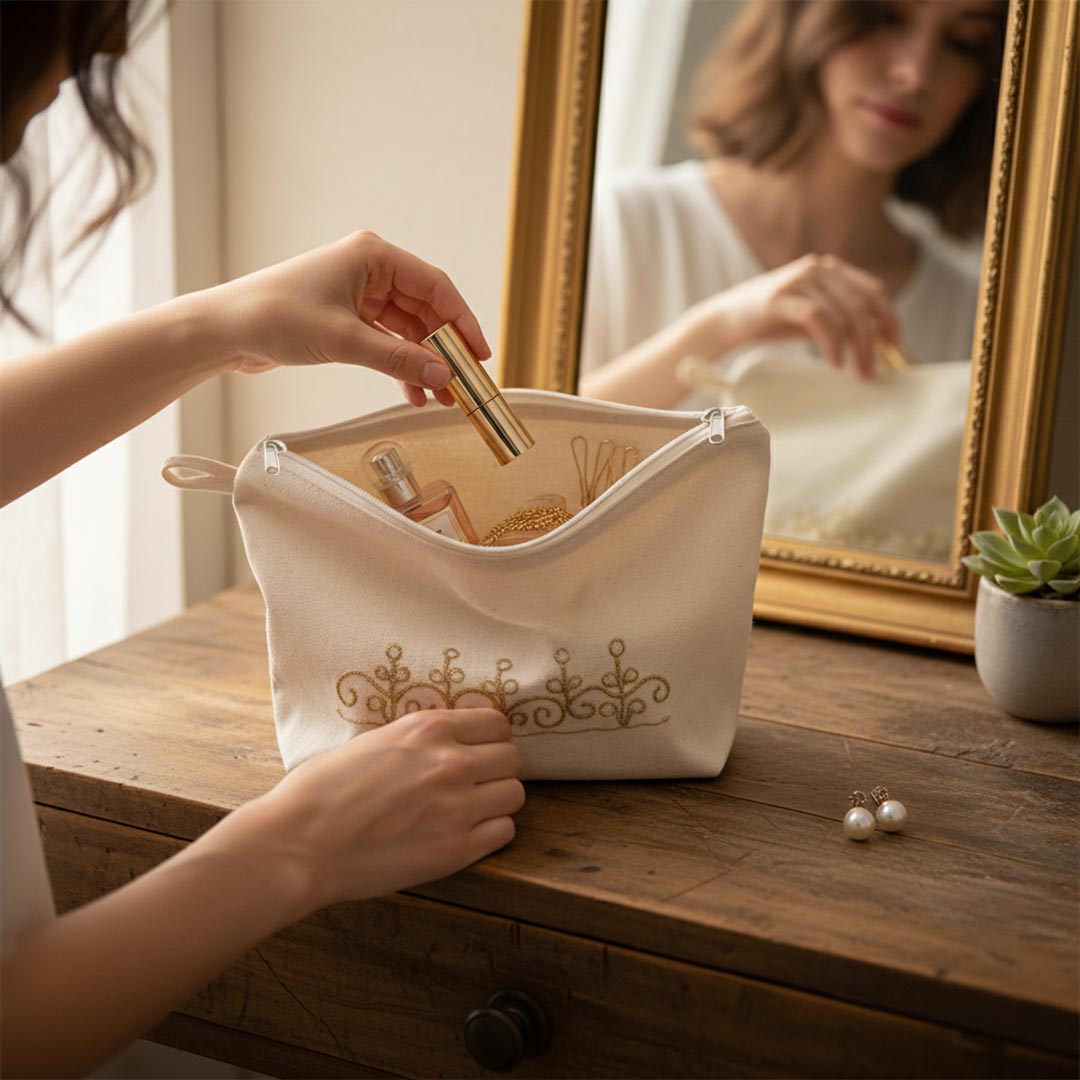 Gota Patti-Embroidered Cream Travel Pouch