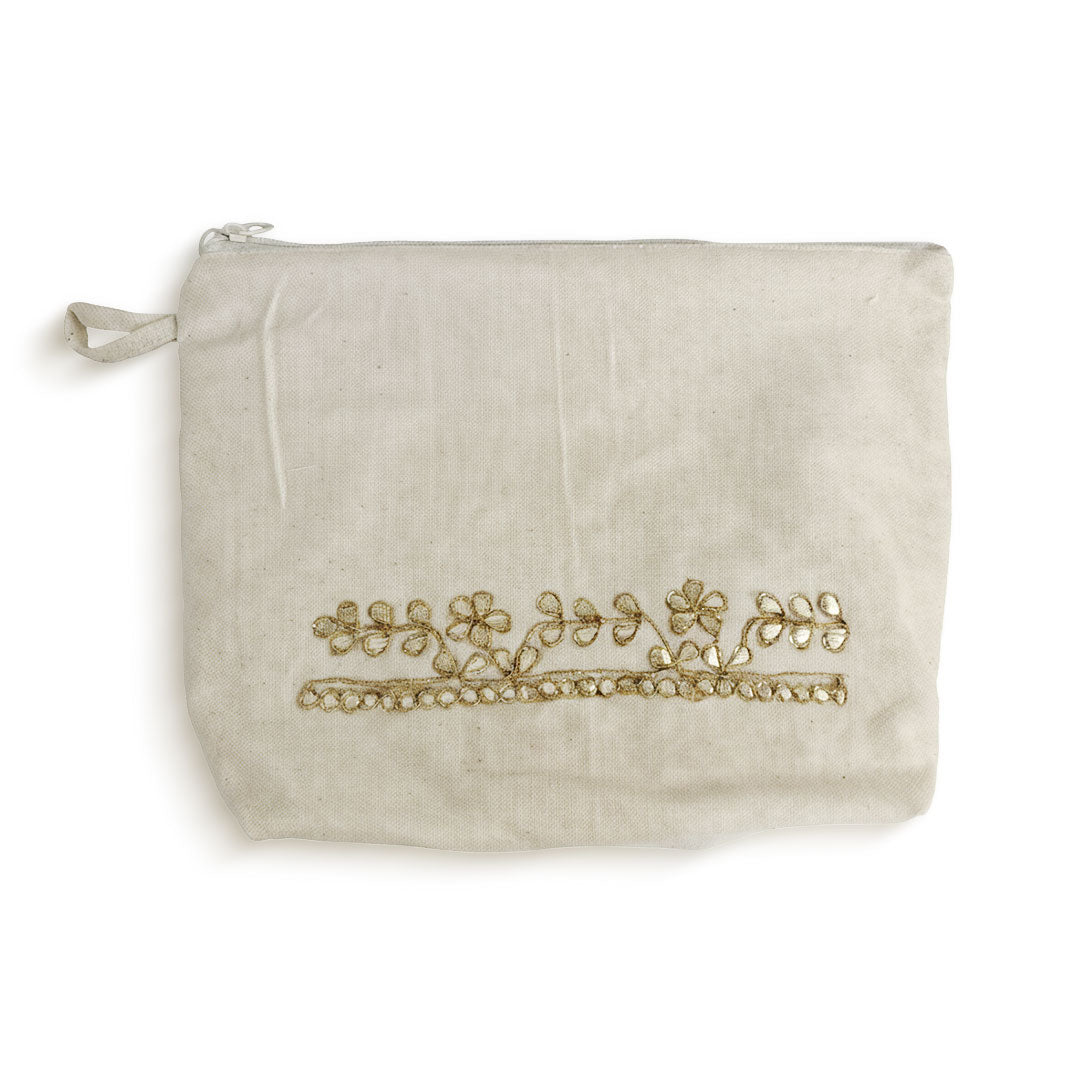Gota Patti-Embroidered Cream Cotton Travel Pouch - Gold Floral