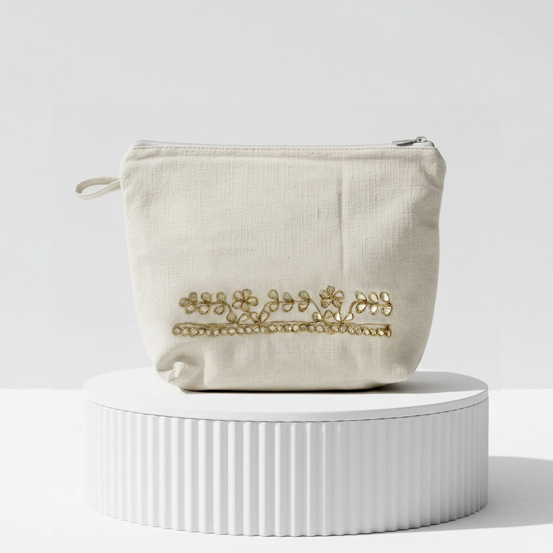 Gota Patti-Embroidered Cream Cotton Travel Pouch - Gold Floral