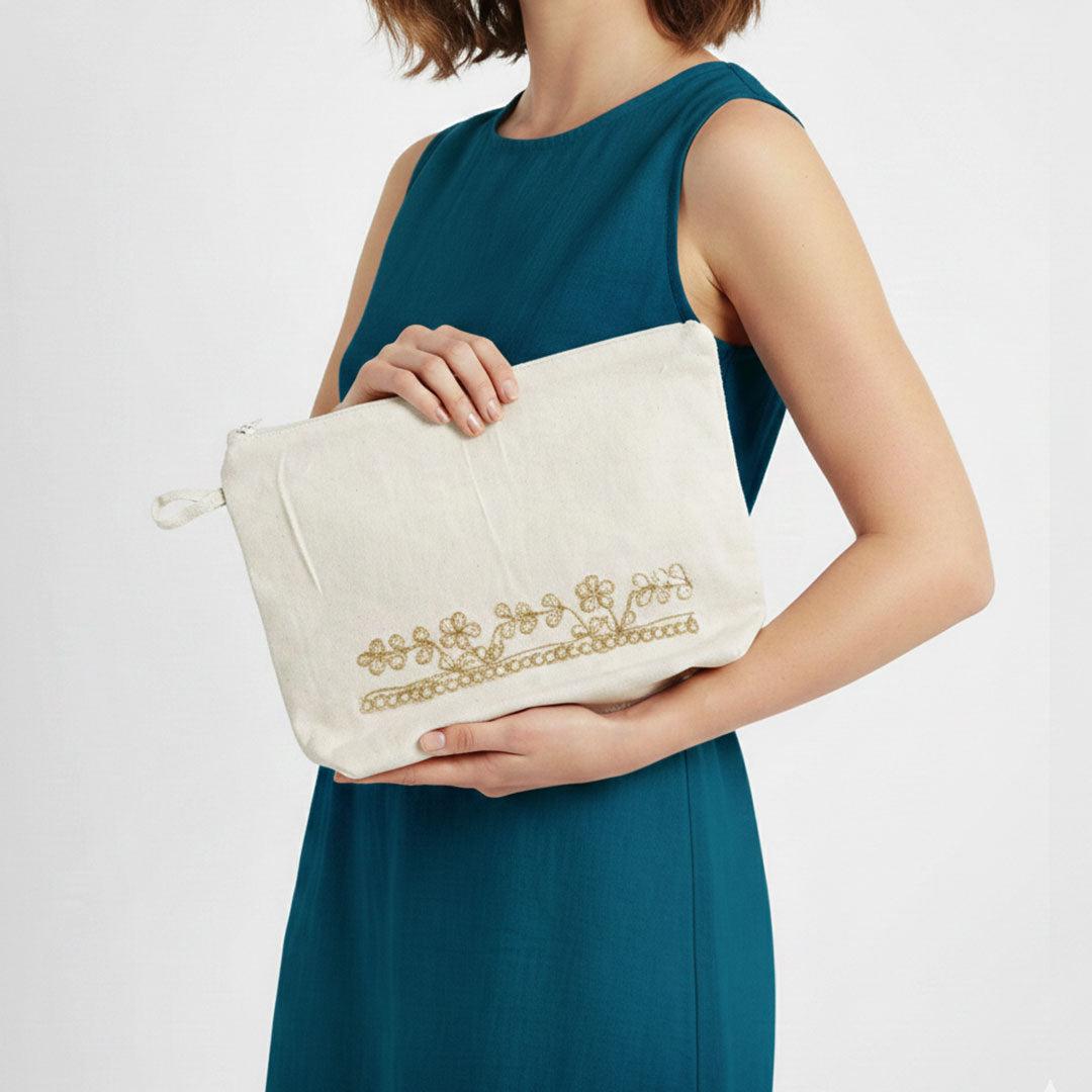 Gota Patti-Embroidered Cream Cotton Travel Pouch - Gold Floral
