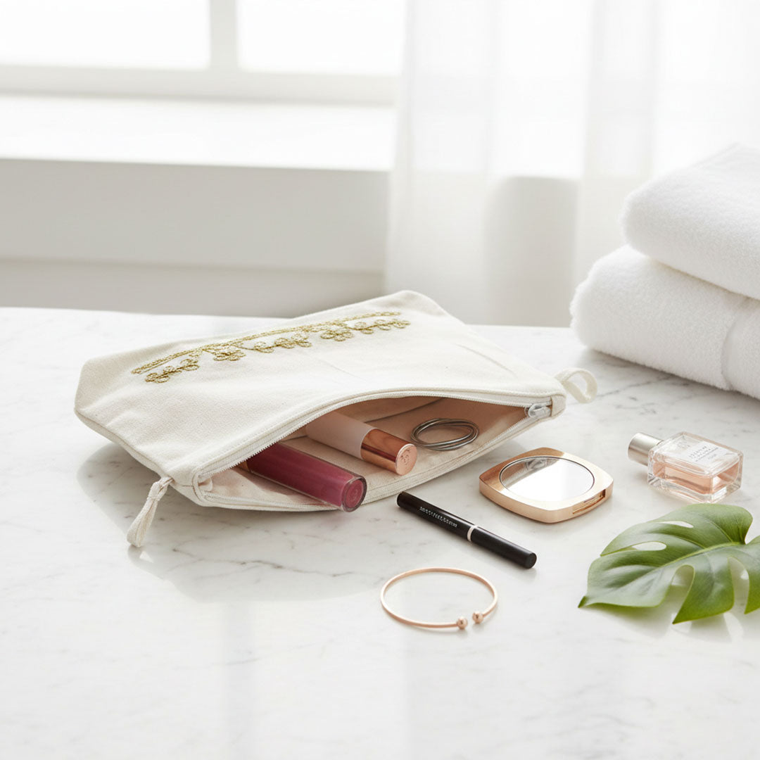 Gota Patti-Embroidered Cream Cotton Travel Pouch - Gold Floral