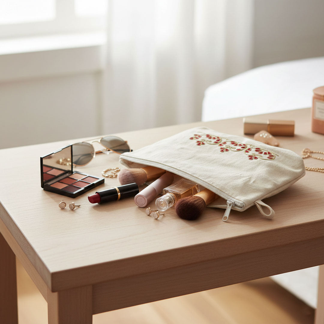 Gota Patti-Embroidered Canvas Travel Pouch - Floral Design