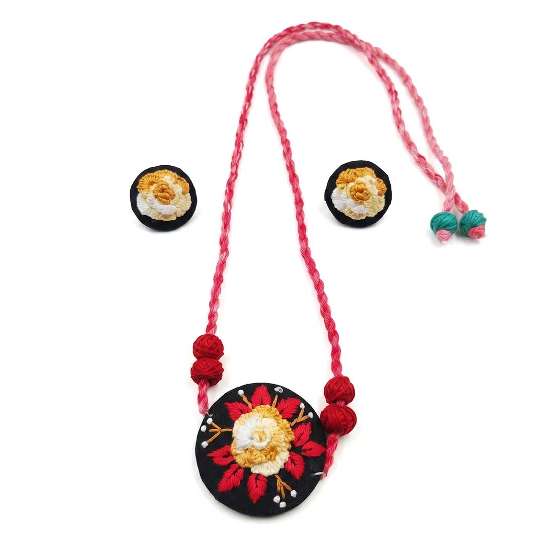 Hand-Embroidered Floral Medallion Necklace and Stud Earring Set